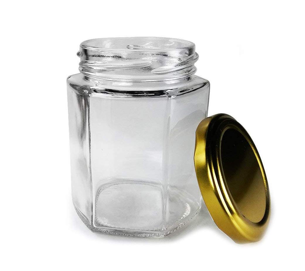 Cloudsell Hexagon Glass Jar With Air Tight Gold Metal Cap, 200 Ml, Set Of 12, Transparent